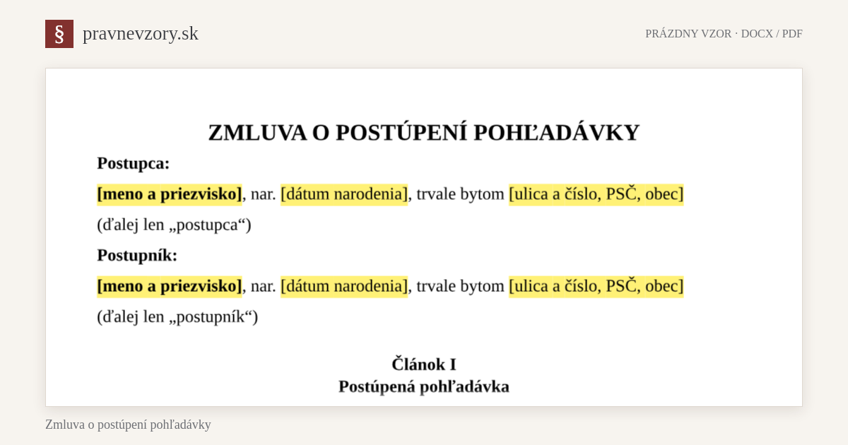 Zmluva o postúpení pohľadávky – náhľad hornej časti prázdneho vzoru