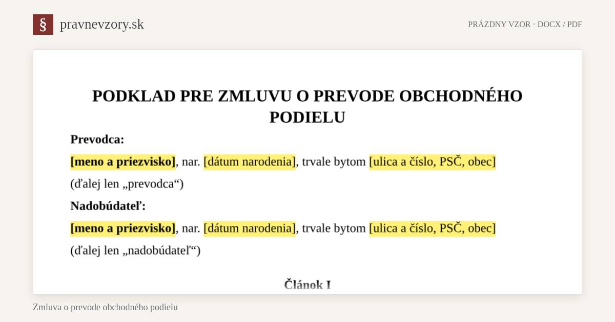 Zmluva o prevode obchodného podielu – náhľad hornej časti prázdneho vzoru